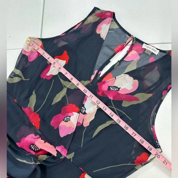 Calvin Klein Floral Sleeveless Chiffon High-Low Dress Navy Pink Red Elegant 12 - Picture 5 of 12